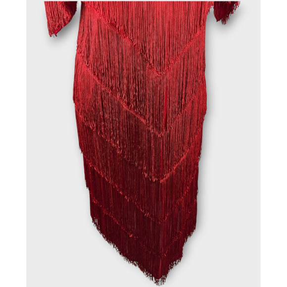 VTG 70s 80s Mister Jay Fringe Dress Red V-Neck No Size Party Holiday Flapper L - Picture 5 of 15